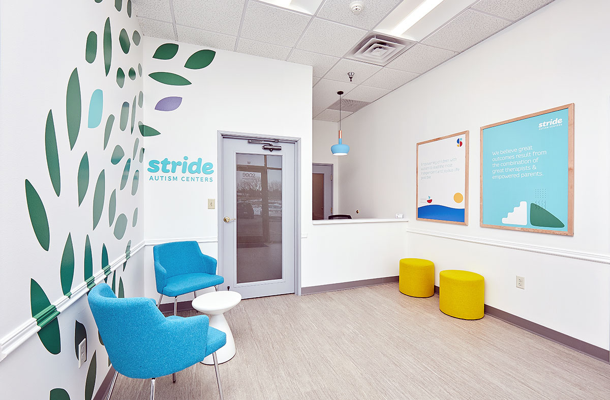 Interior view of the front reception area of the Stride Autism Center for children near Alleman, Iowa.