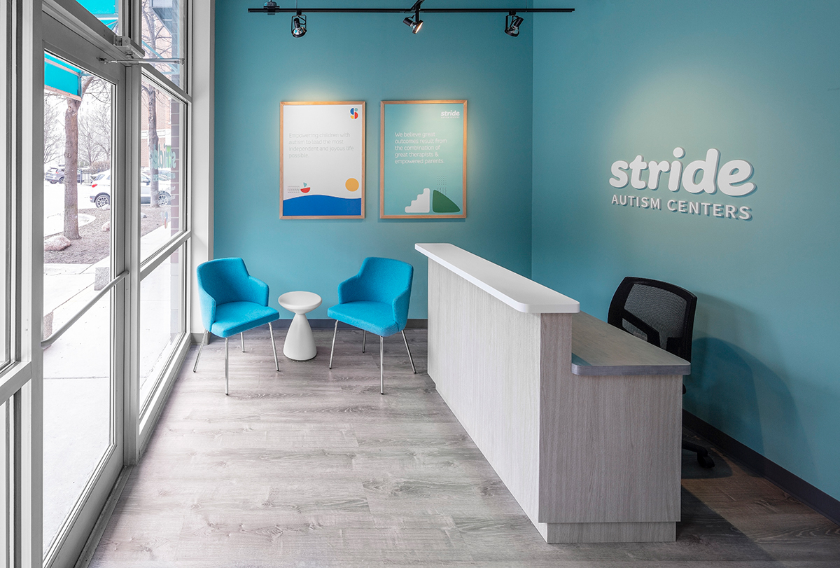 Interior view of the front reception area of the Stride Autism Center for children near Albany Park, Chicago, Illinois.