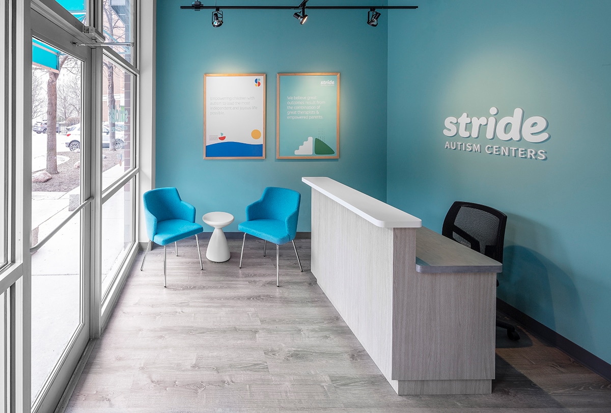 Interior view of the front reception area of the Stride Autism Center for children near Belmont Gardens, Chicago, Illinois.