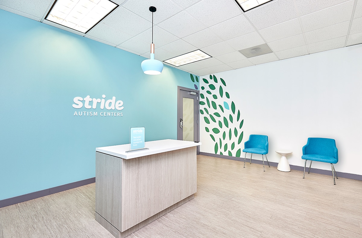 Interior view of the front reception area of the Stride Autism Center for children near Cedar Rapids, Iowa.