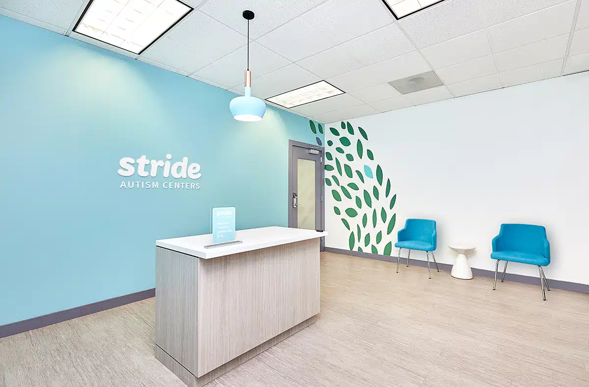 Interior view of the front reception area of the Stride Autism Center for children in Hiawatha, Iowa.