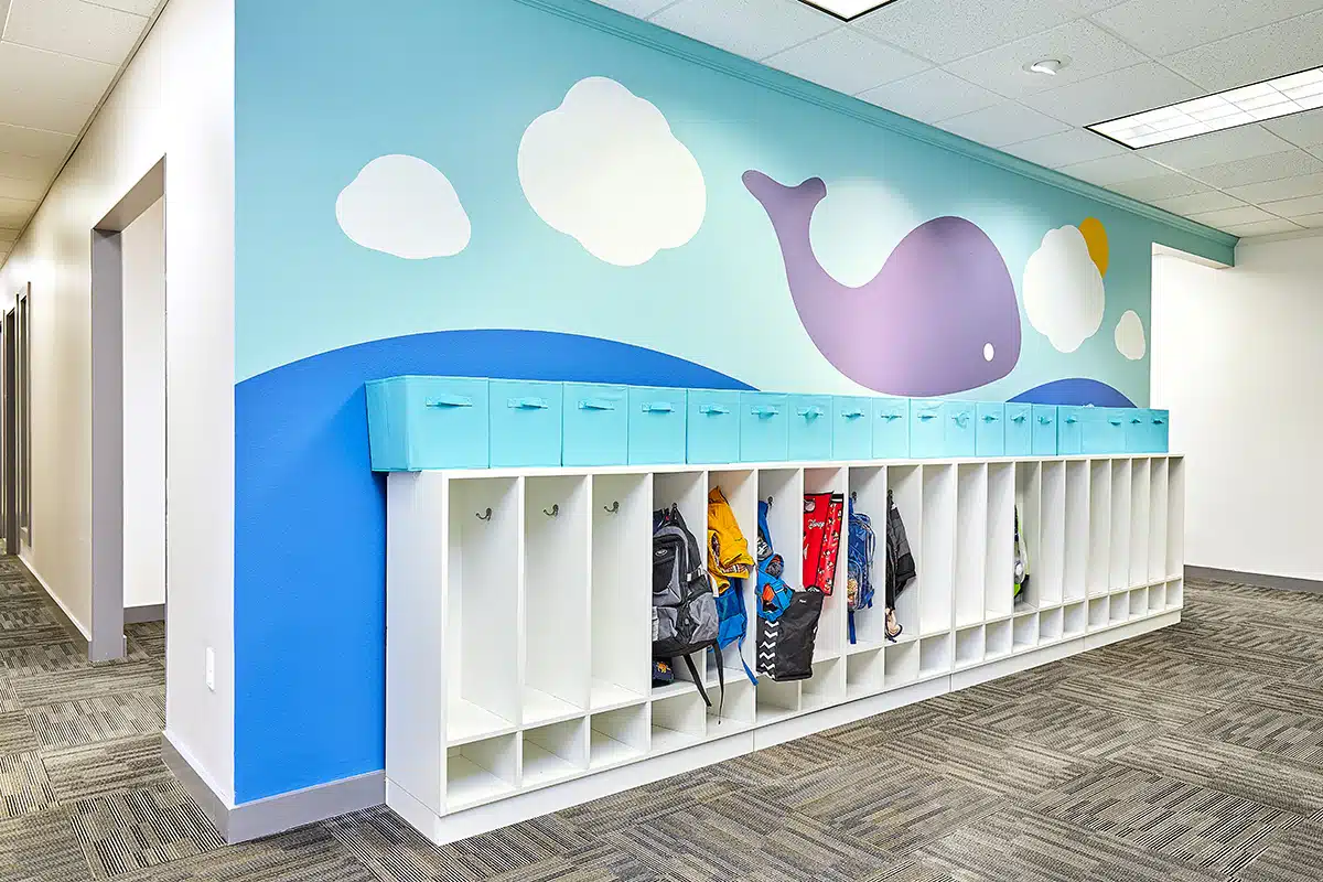 Cubby area where children store their belongings before ABA therapy near Toddville, Iowa.