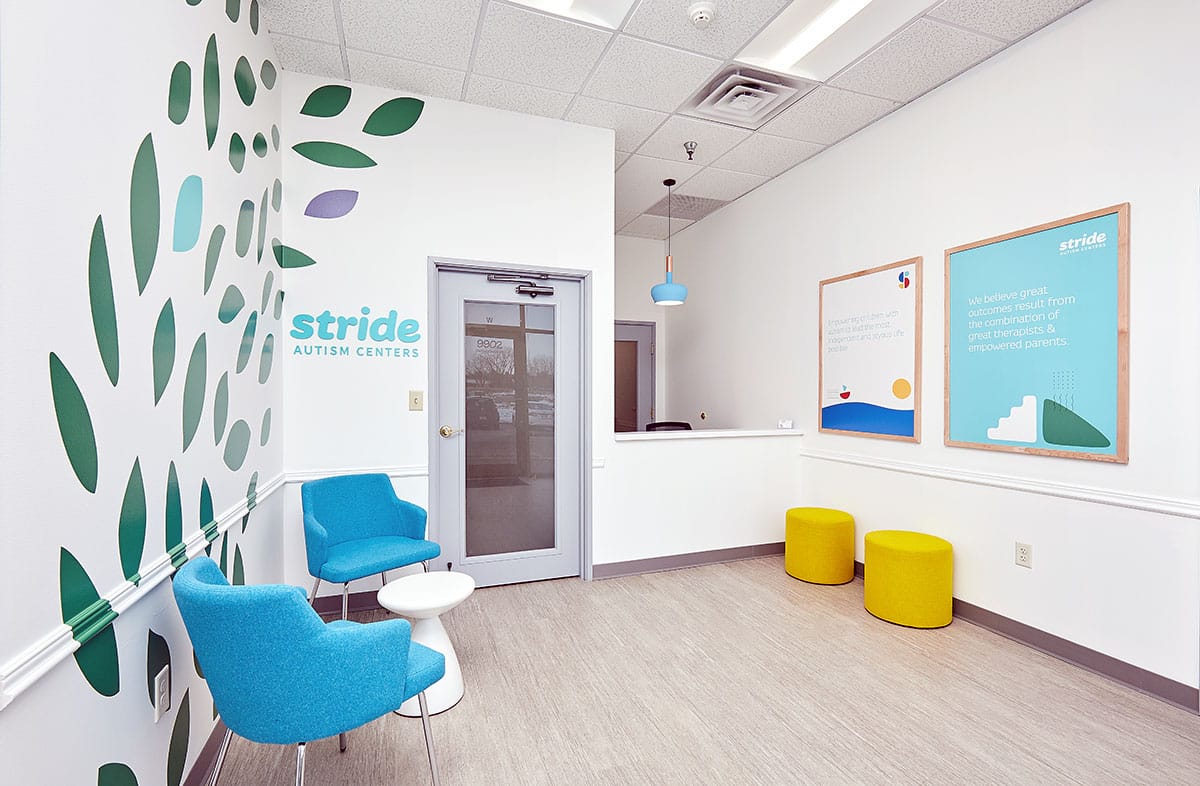 Interior view of the front reception area of the Stride Autism Center for children near Capitol Park, Des Moines, Iowa.