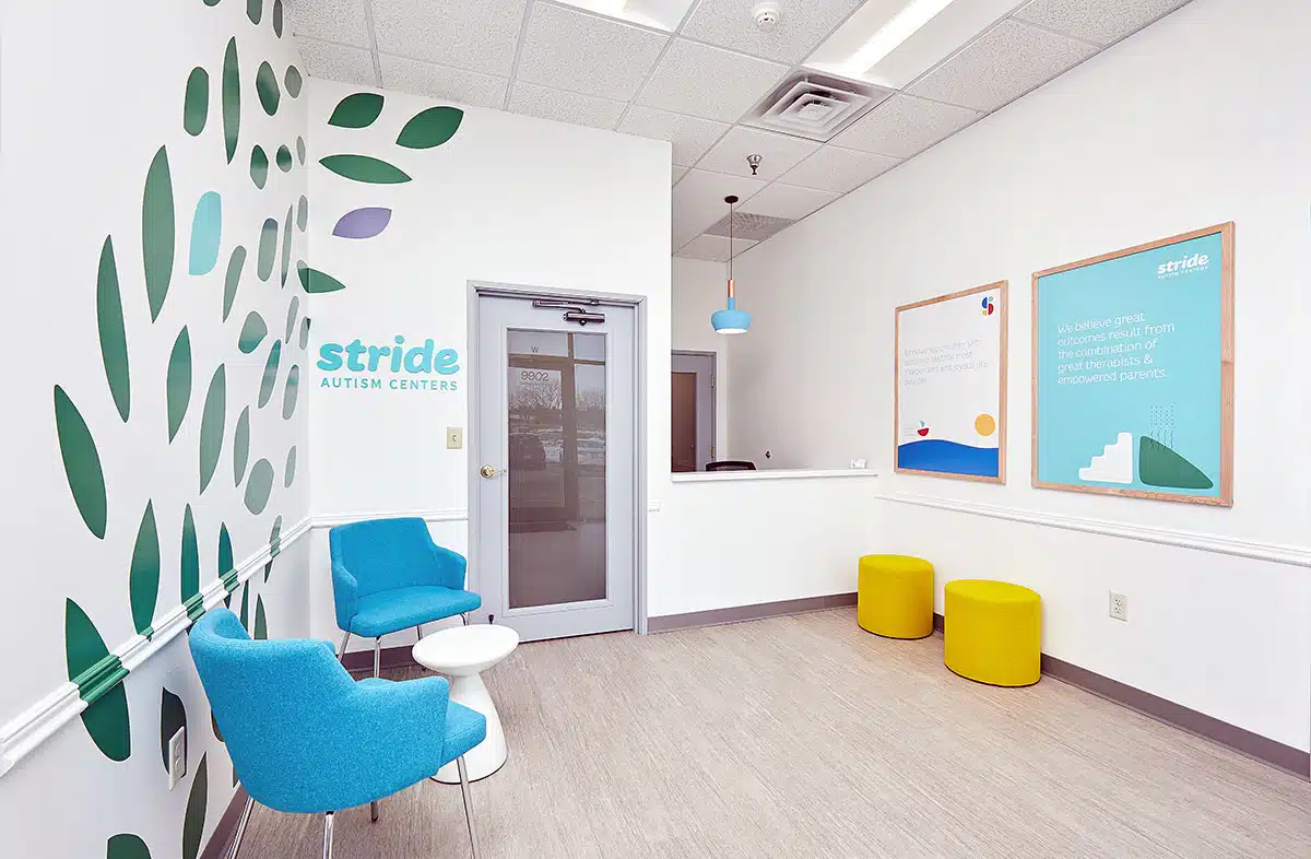 Interior view of the front reception area of the Stride Autism Center for children near Kalona, Iowa.
