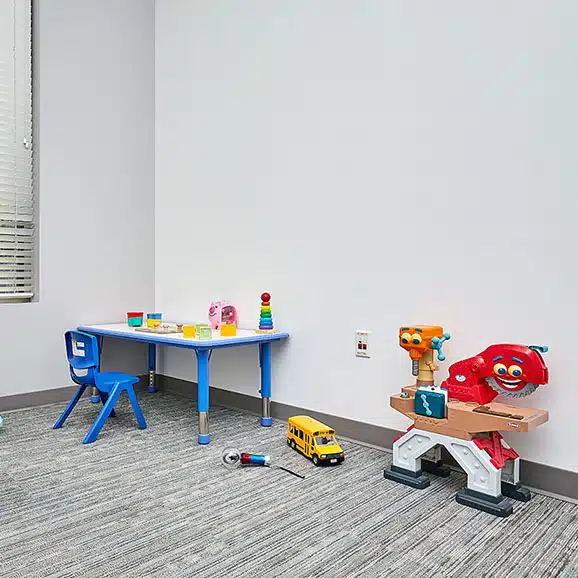 Play therapy area for children with autism near Oxford, Iowa.