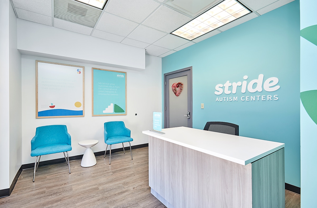 Interior view of the front reception area of the Stride Autism Center for children near Adams, Nebraska.