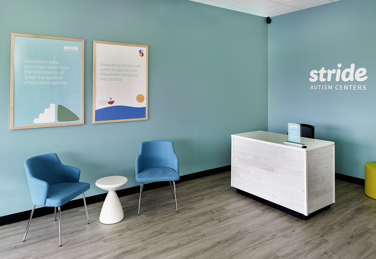 Interior view of the front reception area of the Stride Autism Center for children near Salvatori, Orland Park, IL.