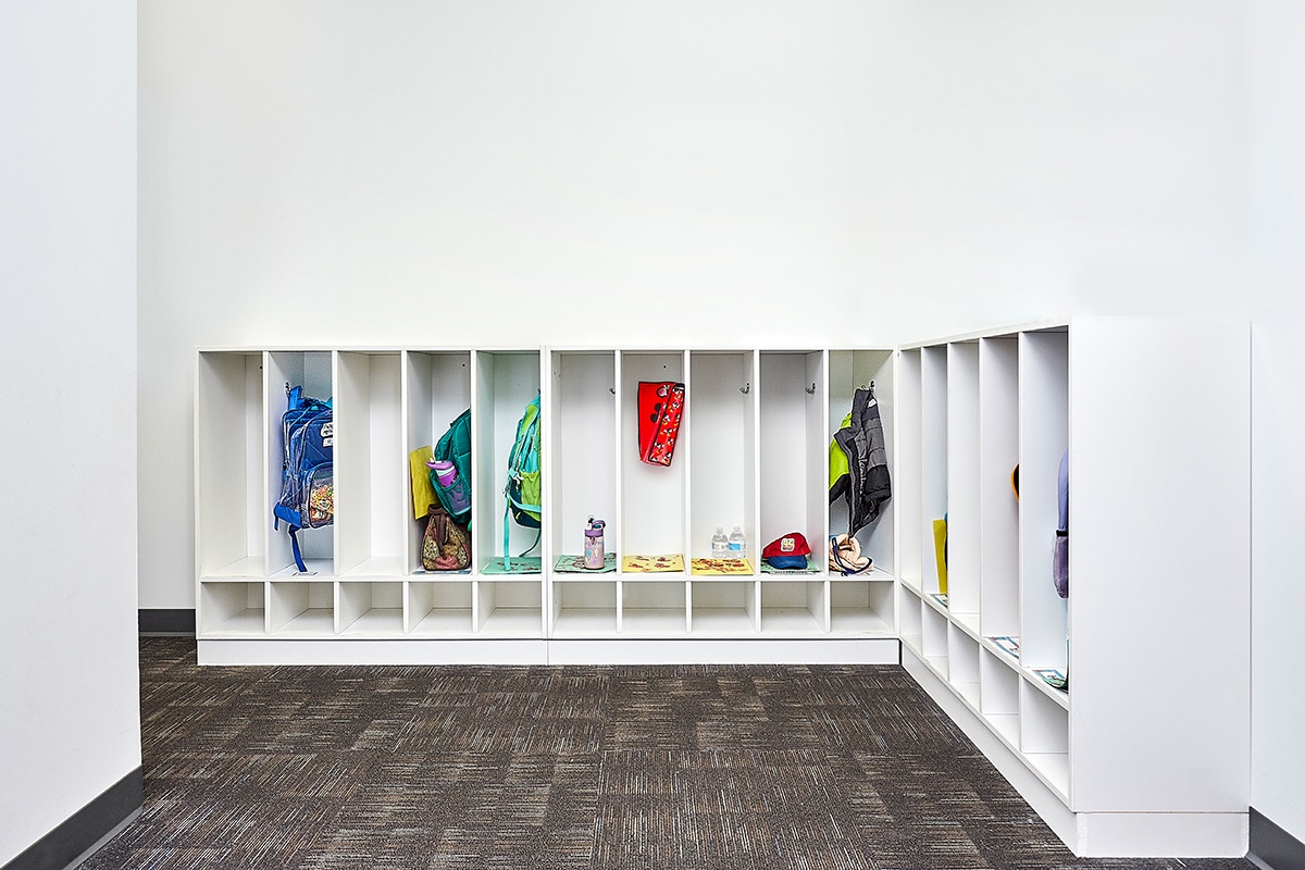 Cubby area where children store their belongings before ABA therapy near East Omaha, Nebraska.