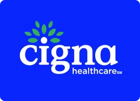 Photo with a solid blue background and text that reads "Cigna Healthcare."