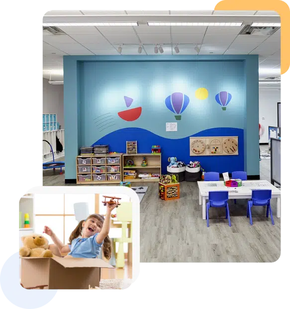 Photo of a room with a rectangular table, chairs, and a wooden shelf. There are also toys scattered on the table and the floor. The inset photo is a girl holding a wooden airplane toy while she's sitting in a box.