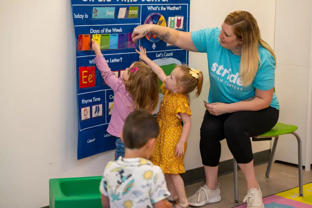 Un profesional de Stride Autism Centers® y los niños interactúan con un colorido calendario y una tabla meteorológica del «Circle Time Center».