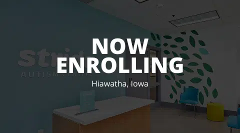 A colorful announcement banner stating "Now Enrolling" for early intervention ABA therapy programs.