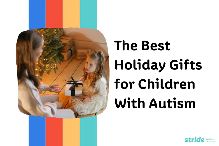 A girl sitting by a Christmas tree with a gift, serving as the cover for Stride Autism Centers&reg;' holiday gift guide.