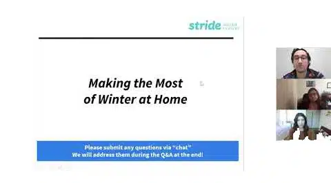 A webinar screenshot explaining the benefits of Winter WFH programs at Stride