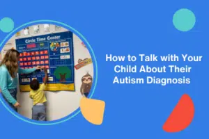 A child interacts with a classroom calendar in a Stride Autism Centers&reg; guide on discussing an autism diagnosis home.